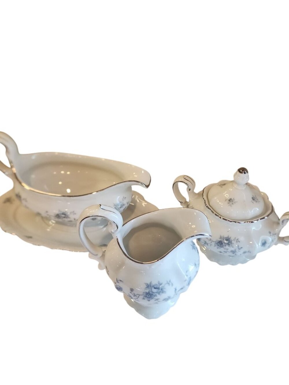 Johann Haviland Blue Garland porcelain gravy boat attached underplate creamer su